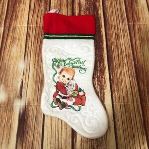 Vintage Felt Baby's First Rennoc Christmas Stocking Decoration Child Hugs Santa